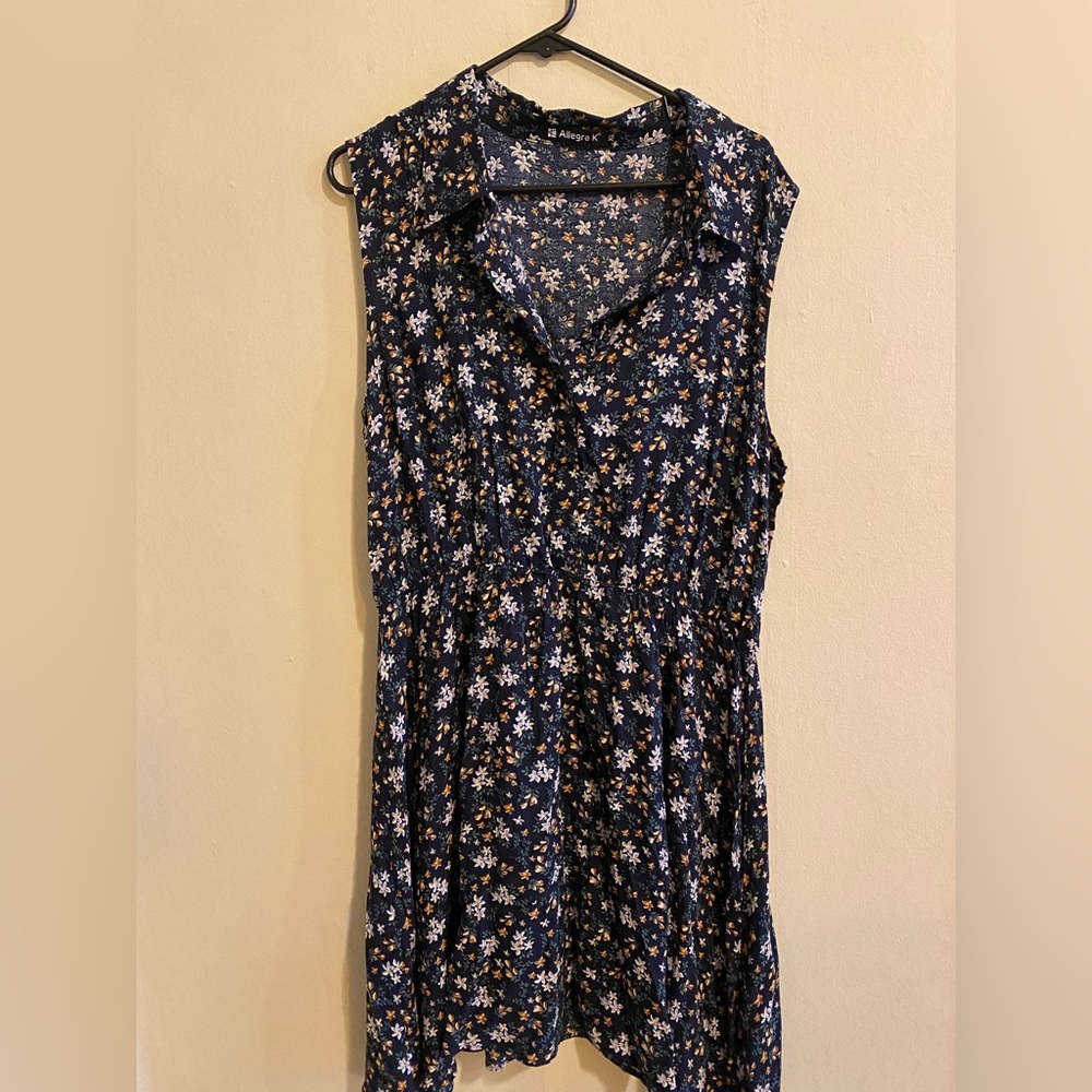 Black floral print button down collared knee length dress